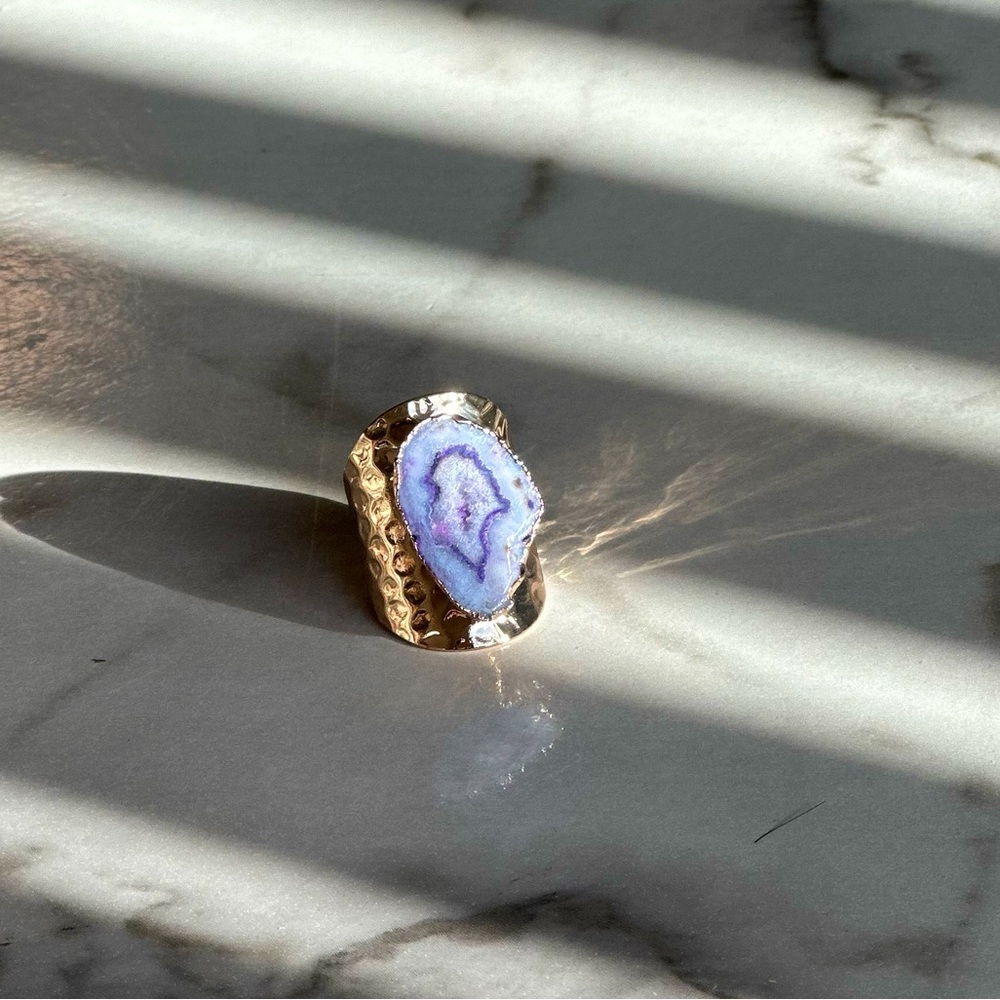 NEW Luxury Natural Stone Adjustable Crystal Irregular Geode Gold-plated Ring